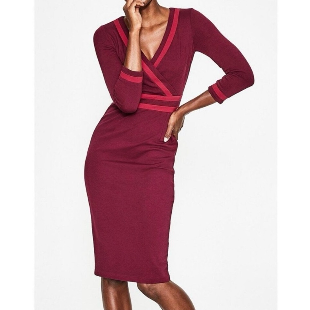 Boden‎ Nellie Ponte Knee Length Surplice Dress Mulled Wine Red Women’s Size 4
